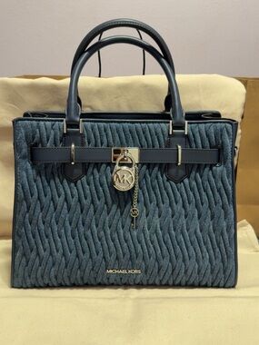 Michael Kors Navy Denim Satchel with Lock and Key Charms